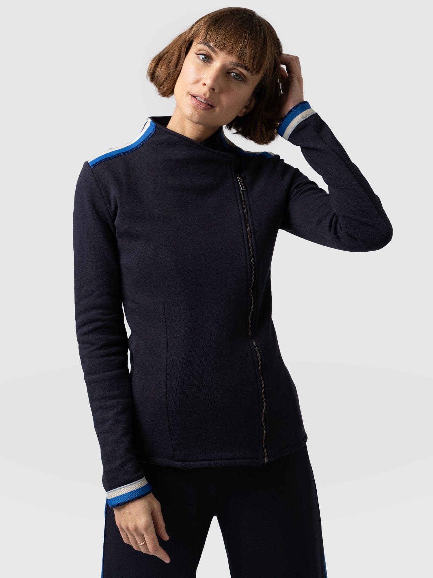 Cotton Biker Jacket - Navy Blue Stripe